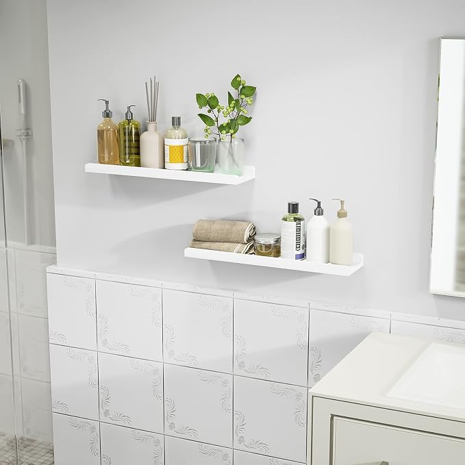 Love-KANKEI Floating Shelves Wall Mounted Set of 2, 24 Inch Wood Storage Wall Shelves for Bedroom Living Room Bathroom Kitchen Office and More White
