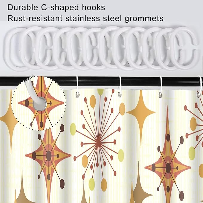 Mid Century Shower Curtain, 72x84inch, Modern Abstract Retro Yellow Striped Geometric Shower Curtain Sets 1950s Boho Bathroom Shower Curtain with 12 Hooks