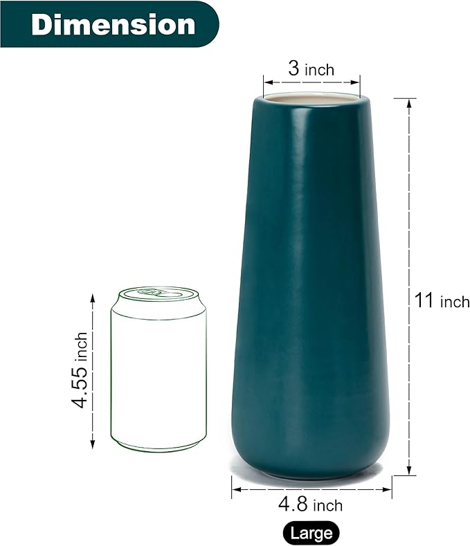 D'vine Dev 11 Inch Ceramic Flower Vase Matte Finishing, Minimalist Design for Home Décor, Bedroom, Living Room, Centerpieces, Office, Emerald Green, VS-XH-F-2