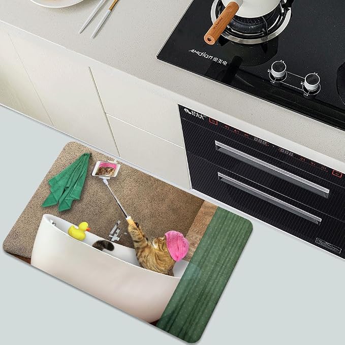 Diatomaceous Earth Bath Mat,Cat is Taking a Bath with a Selfie Non-Slip Volume Super Absorbent Fast Drying for Bathroom Kitchen Door mat,Eco-Friendly Easy to Clean 17×27.5Inch (43 * 70cm)