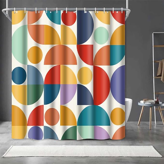 Vintage Colorful Rainbow Mid Century Shower Curtain Modern Abstract Geometric Art Bathroom Curtain Decor 72x96 Inch Washable Fabric Bright Retro Boho Circle Patterned Bath Curtain with 12 Hooks