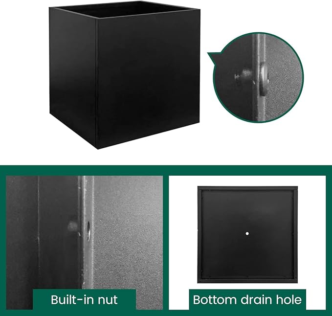 Galvanized Steel Planter Box Black Metal Planter Square Indoor Outdoor Planters Cube Steel Heavy Duty 16Inch Powder Coating Modern Commercial Residential for Patio, Yard, Garden