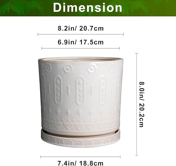 Eightpot Ceramic Planter for Indoor Plants - 8 Inch Plant Pot Outdoor Flower Pot with Drainage Holes and Saucer Modern Round Planter Succulent Pot for Home Garden Decor White