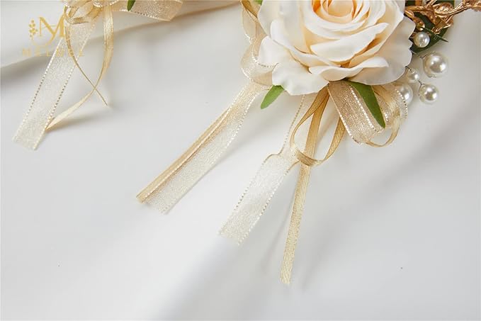 Meldel Champagne Boutonniere for Men Wedding, Set of 6, Groom and Groomsmen Boutonniere for Wedding Ceremony Anniversary Party, Rustic Fall Wedding, Artificial Rose Boutonnieres Prom Suit Decorations