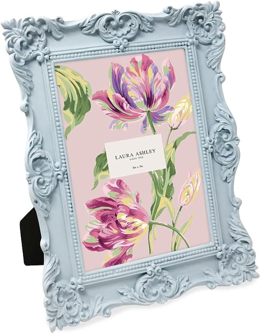 Laura Ashley 5x7 Powder Blue Ornate Textured Hand-Crafted Resin Picture Frame w/Easel & Hook for Tabletop & Wall Display, Decorative Floral Design Home Décor, Photo Gallery, Art (5x7, Powder Blue)