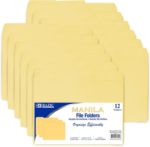 BAZIC Manila File Folders - 1/3-Cut Letter Size with Tabs for Easy Document Organization | 12-Pack
