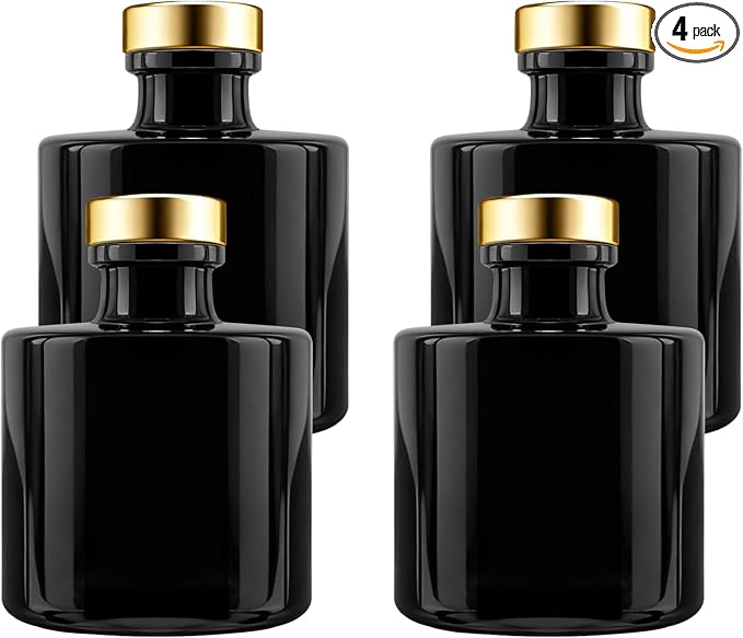 Black Glass Diffuser Bottles Round Diffuser Jars with Gold Caps Set of 4 – 2.95 inches High, 100ml 3.4ounce. Fragrance Accessories Use for DIY Replacement Reed Diffuser Sets.