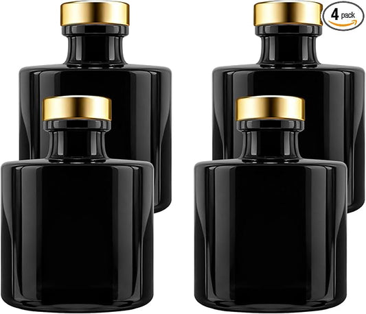 Black Glass Diffuser Bottles Round Diffuser Jars with Gold Caps Set of 4 – 2.95 inches High, 100ml 3.4ounce. Fragrance Accessories Use for DIY Replacement Reed Diffuser Sets.