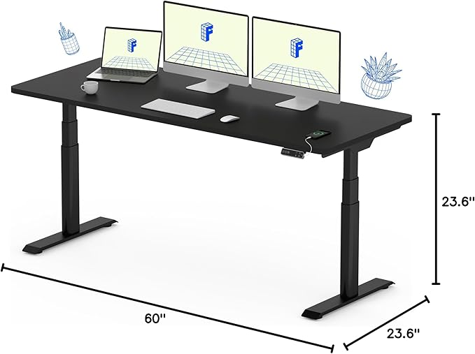 FLEXISPOT E6 Pro Oval Leg Dual Motor 3 Stages Standing Desk 60x24 Inch Whole-Piece Board Electric Height Adjustable Electric Sit Stand Up Desk 150KG Load Capacity (Black Frame + Black Desktop)