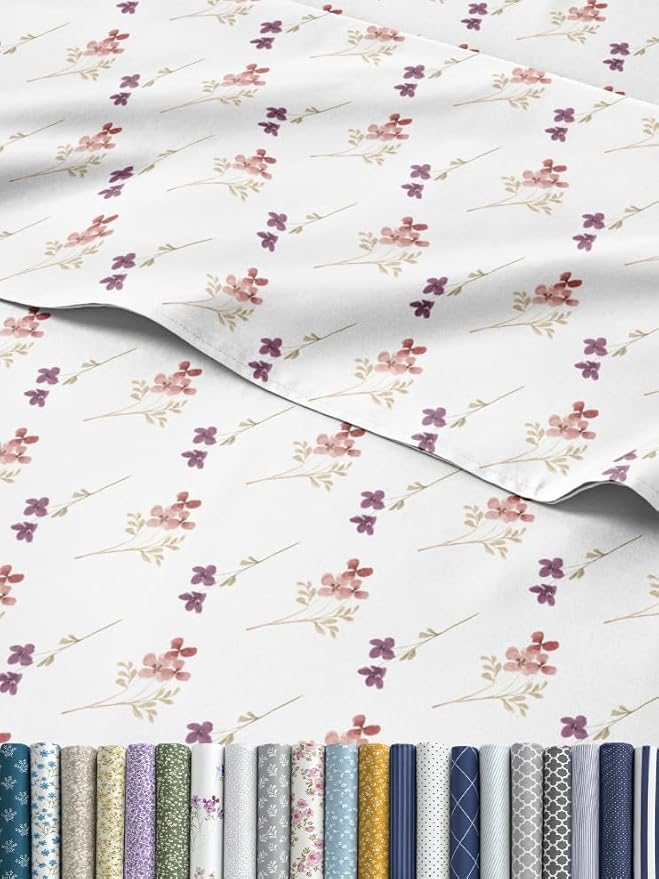 Floral Sheets - Pink & Purple Floral Bed Sheet Set - 1 Flat, 1 Fitted & 2 Pillowcases w/ Deep Pockets - Wrinkle & Fade Free - Boho Botanical Bedding - Soft, Breathable and Cooling - Cal King Size Set
