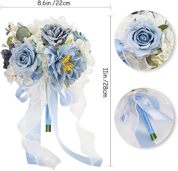 Dusty Blue Wedding Bouquets for Bride Bridesmaid,White Navy Blue Artificial Fake Silk Roses Flowers Bridal Bouquets for Wedding Boho Rustic French Vintage Church Decoration Toss Bouquet (8.6in(M))
