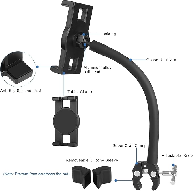 Mippko Tablet Holder for Treadmill/Elliptical/Spin Bike/Peloton/Indoor Cycle,Gooseneck Arm Super Crab Clamp Mount Compitable with 4.7~12.9" iPad/Nexus/LG G Pads/e-Reader/Switch/iPhone