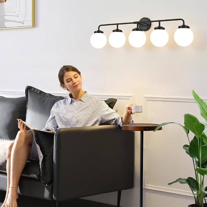 Bathroom Light Fixtures Over Mirror, 5-Light Matte Black Vanity Lighting with Milk White Glass Globe Shades Modern Wall Sconce