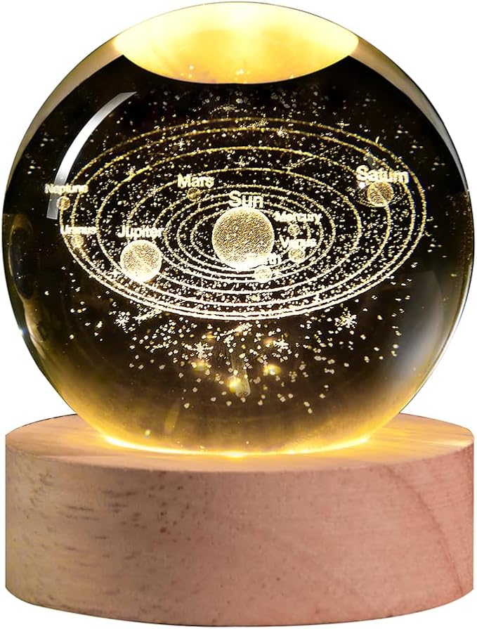 Solar System 3D Crystal Ball with LED Stand, 60mm Galaxy Model Decor Glass Sphere Lamp Night Light, Space Universe Astronomy Gifts for Women Men Mom Kids
