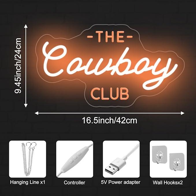 The cowboy club neon sign,Western Rodeo decor,mancave neon Light,Cowboy led wall neon sign,Cowboy room decor, Midwest Princess Led Signs For Bedroom Wall Girl Cave Club Bar Pub Gift-Gold-16.54"x9.45"