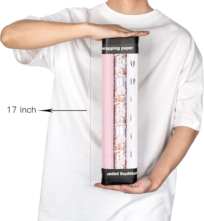 MAYPLUSS Pink Valentine's Day Wrapping Paper Roll - Mini Roll - 17in x 120in Per roll - Gray Floral,Gold foil Heart,Pink Polka Dots (3 Rolls 46.5sqft) For Birthday,Party,Girl,Wedding.Women