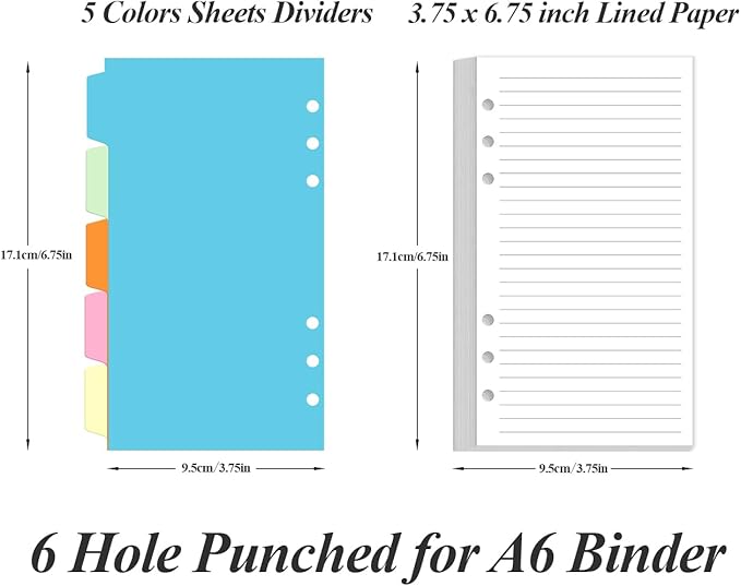 (2-Pack) A6 Lined Paper Refills for Filofax Personal Binder Planner - 160 Sheets/320 Pages Paper with 5 Colorful Binder Dividers, 3.75" x 6.75"