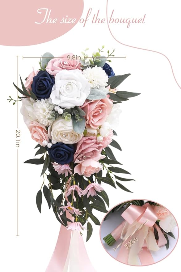 Serwalin 9.8 Inch Wedding Bouquets for Bride Bridesmaid, Pink Blue Rose Bridal Bouquets for Bride, Wedding Flowers Bouquet Tossing Bouquet, Wedding Ceremony and Anniversary Day Decor