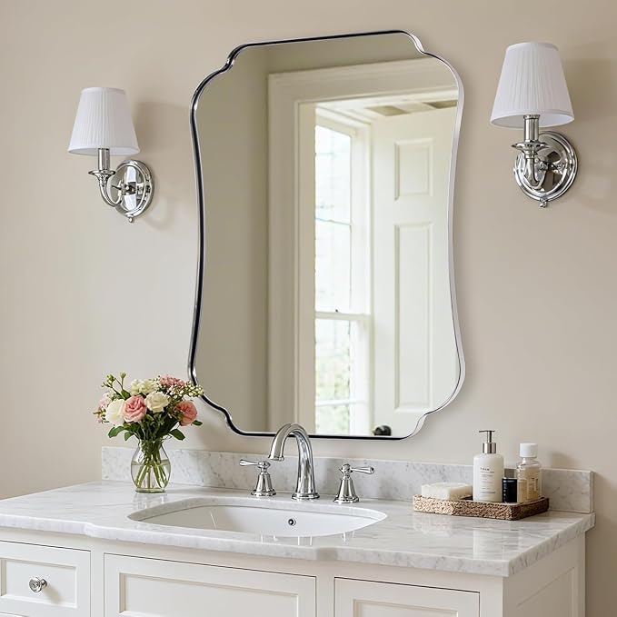 ANDY STAR Chrome Scalloped Mirror, 26x38 Inch Polished Chrome Mirror, Unique Bathroom Mirror with Scalloped Edge Design, Rust-Proof Stainless Steel 1’’ Frame, Home Decor