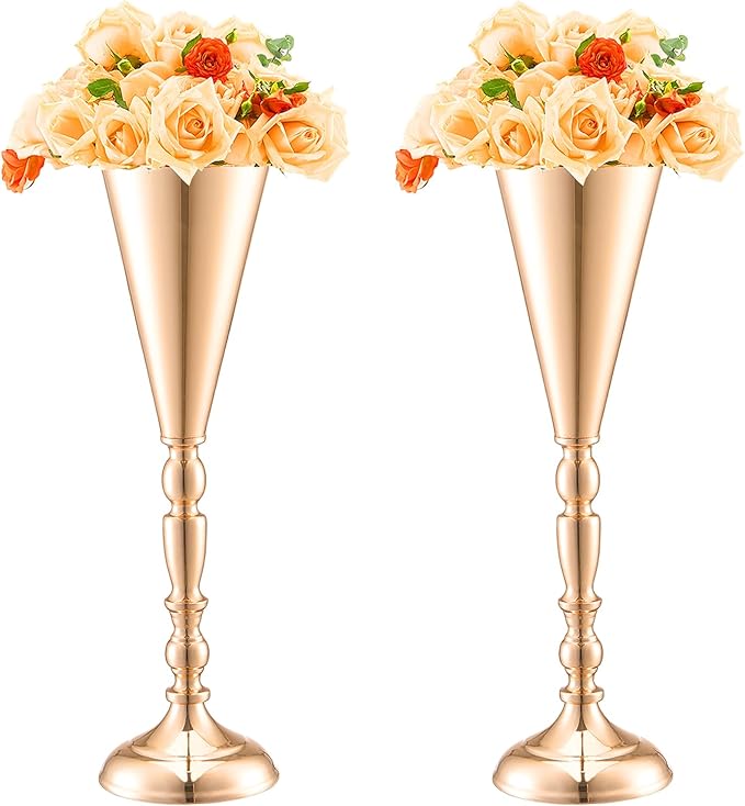 VEVOR 10PCS 43cm/16.9” Tall Wedding Flower Vase, Metal Wedding Trumpet Centerpiece, Gold Floral Stand Display Rack for Tables Wedding Dinner Party, Anniversary Ceremony Birthday Event Decor