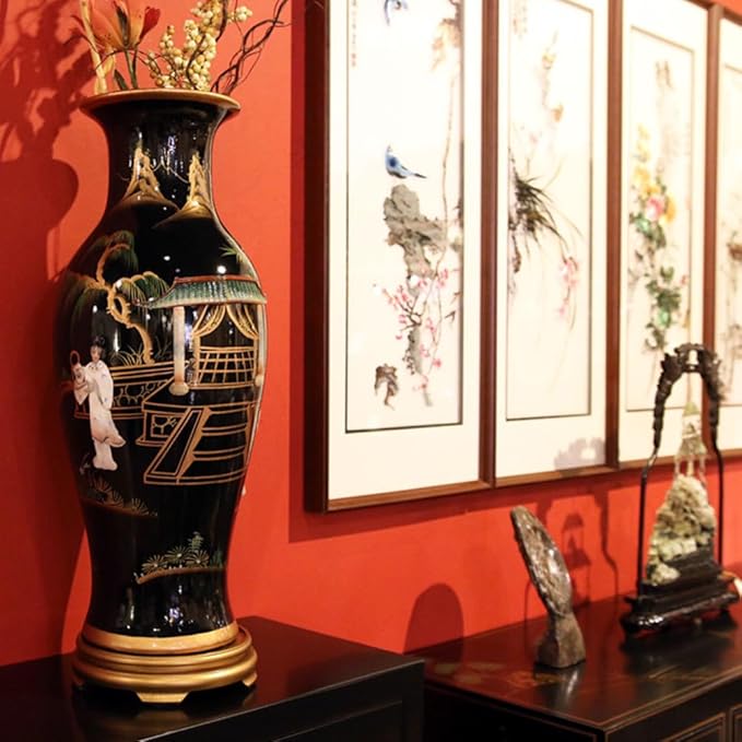 China Furniture Online 24 Inch Black Lacquer Mother of Pearl Oriental Porcelain Vase