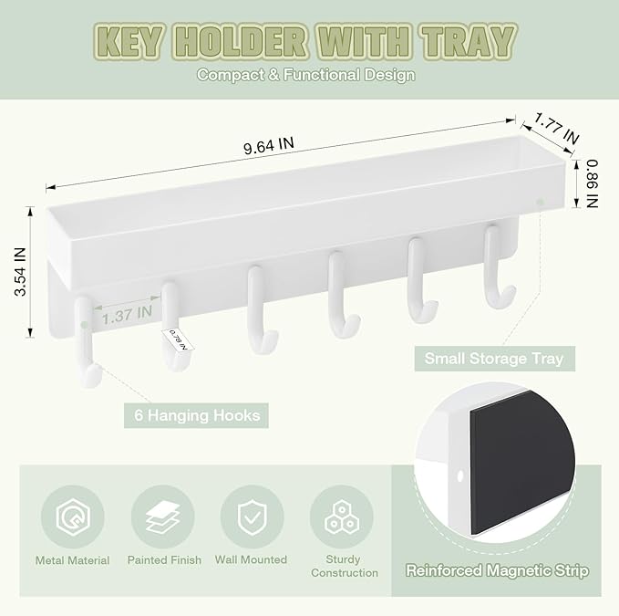 VIS'V Magnetic Key Holder Wall Mount, Compact Metal Key Rack with Tray, 6 Hooks, 2 Mount Options, White