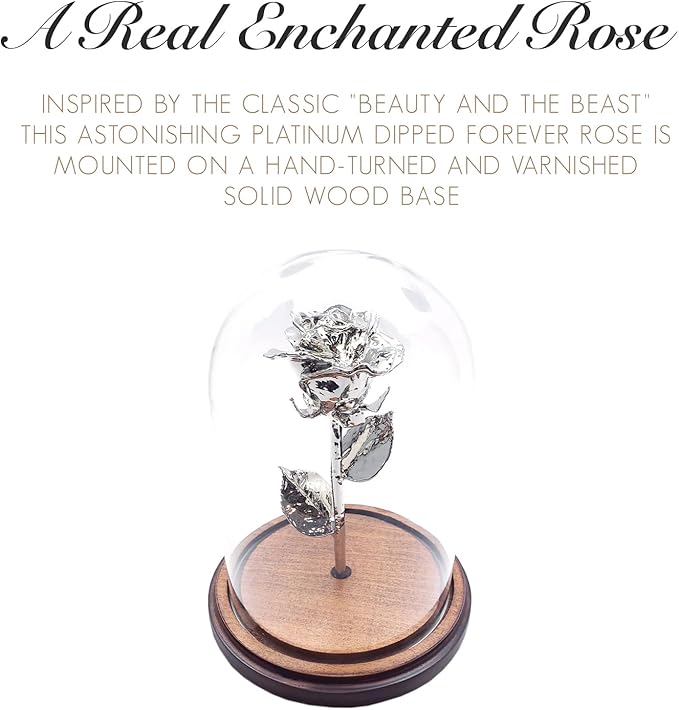 Forever Rose Enchanted Preserved with Real Platinum Rose Lasts Forever | Includes Wood Base & Glass Dome | Platinum Dipped Rose Assembled by Hand in The USA | Romantic Gifts for Women