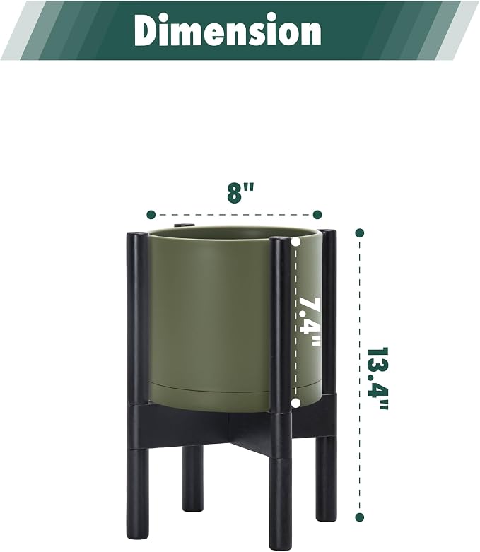 D'vine Dev Planter Pot with Stand - 8 Inch Plastic Cylinder Flower Pot with Wood Planter Holder for Indoor, Olive Pot + Ebony Stand, 55-C-K-3