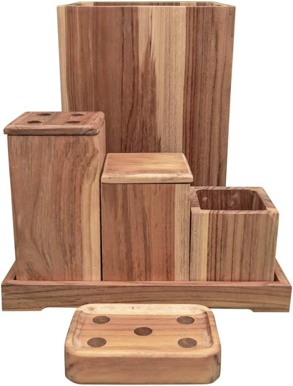 EcoDecors, Eleganto, 8 Piece, Teak Wood Bathroom Amenities Set, Teak Bath Amenity Set, Bathroom Accessory, in Natural Color