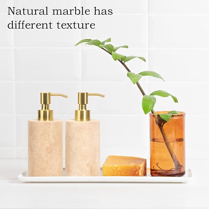 Natural Marble Soap Dispenser for Bathroom and Kitchen Countertop - 5.41 Ounces Hand Lotion and Liquid Stone Shampoo Laundry Bottle with Pump (1, Travertine, Cylindrical Bottle)