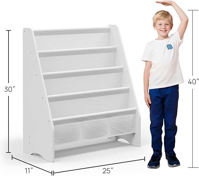 SEIRIONE Sturdy Kids Bookshelf,4-Tier Book Shelf for Kids Room with Tear-Proof Oxford Fabric-Nursery Room Playroom Classroom,Deep Slings to Keep Books Upright,Ideal Height for Toddler Age 3+, White