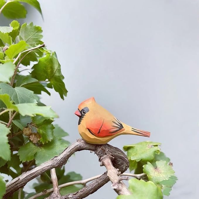 Handmade Wooden Northern Cardinal Figurine - 3.7" Hand-Carved Female Bird Statue - Solid Basswood Bird Sculpture for Home Decor, Christmas Ornament, Memorial & Bird Lover Gift