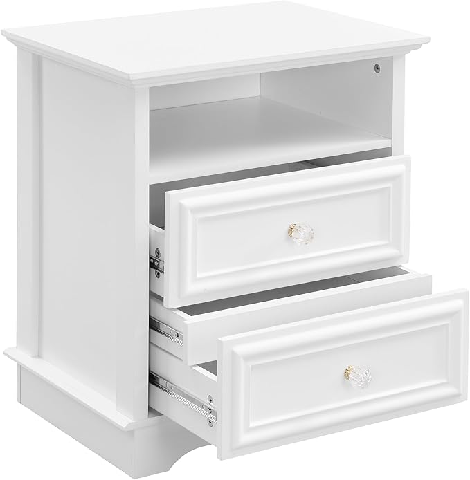 XIAO WEI Nightstand with Hidden Drawer, 2-Drawer Nightstand with Open Shelf – Sturdy Wood Bedroom End Table for Storage, Modern Furniture for Bedroom Organization, White