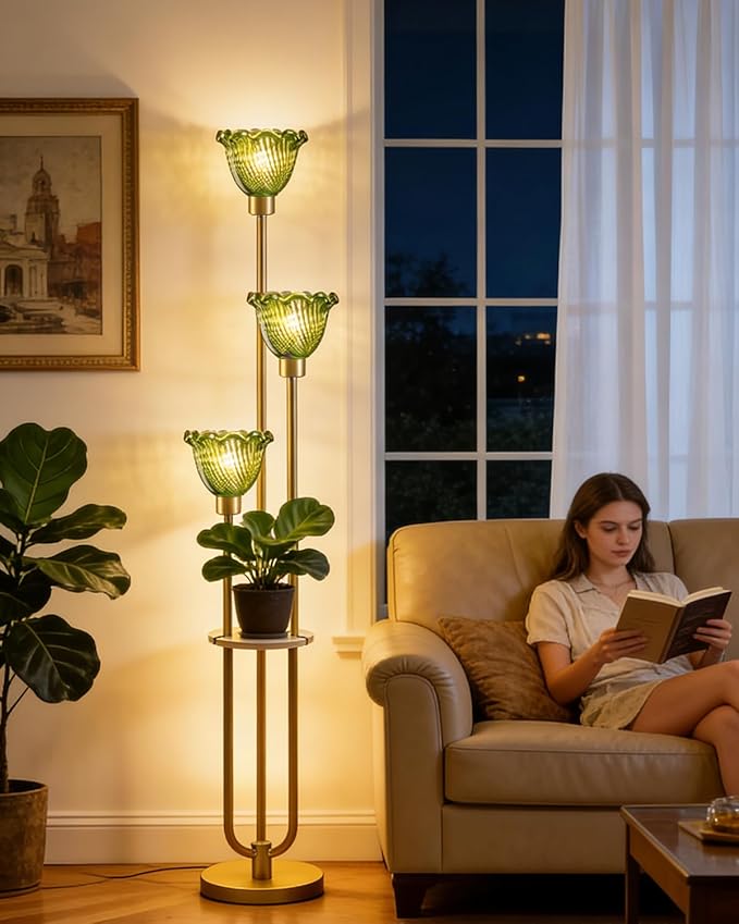 Lightdot Green Glass Floor Lampfor Living Room Gold Floor Lamp with Glass Shade & 3000K Bulbs Included 3-Lights Modern Tall Standing Lamp with 5Lbs Heavy Base for Bedroom/Sofa Beside/Corner Decor
