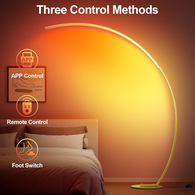 RGB Floor Lamp with 3 Color Temperatures, Ultra Bright 1800LM Smart Arc LED Floor Lamp with Remote Control, Music Sync, Scene Modes, Modern Standing Tall Lamp for Bedroom Living Room Gaming Rooms-Gold