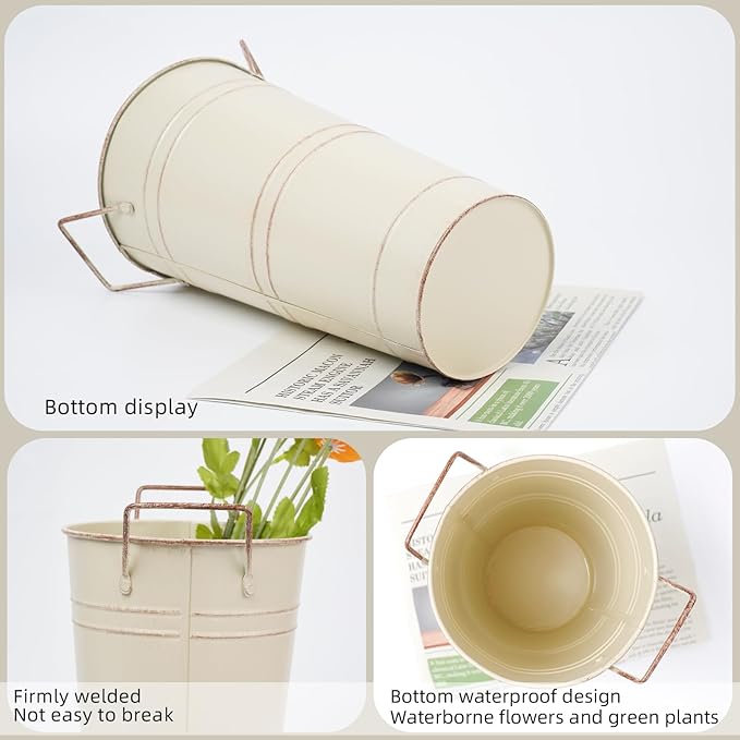 Notakia 10.62 Inch Galvanized Metal Vases Farmhouse French Flower Bucket Vases for Cut Flowers for Home Decor and Wedding Table Centerpiece Decorations (Medium Size Beige 4Pcs)