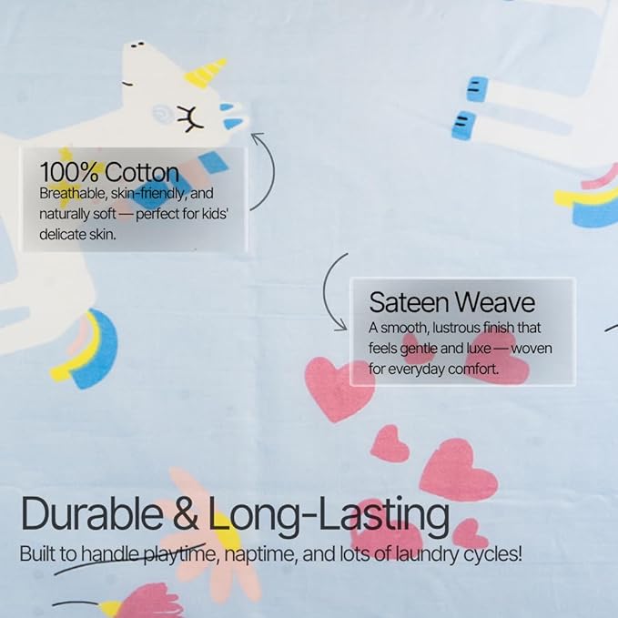 100% Cotton 210TC Salt Earth Kids Bedsheet, Twin Sheets Set for Toddler bed, 3 Piece Bedding Set Including Flat Sheet, Fitted Sheet, and Pillowcase, Themed Cute Sheets for a Playful Kids Bed (Unicorn)