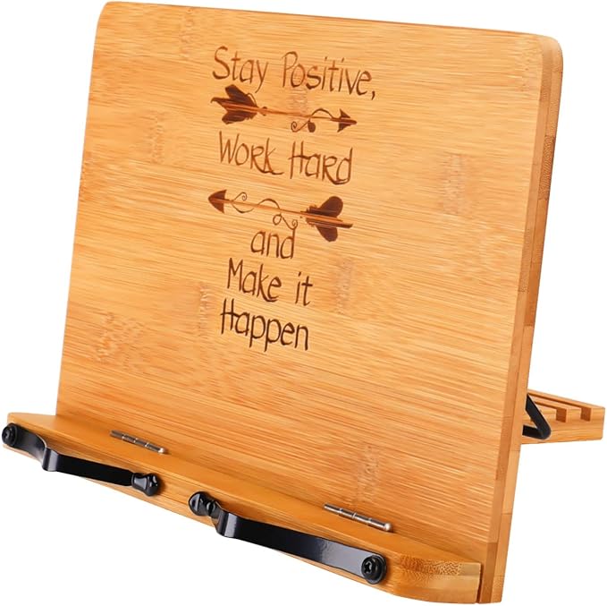 MEGREZ Bamboo Book Stand 11 x 8.0 inch, Foldable Cookbook Holder with 6 Adjustable Height, Reading Book Holder for Recipe, Music Book, Textbook, Tablet Stand, Stay Positive