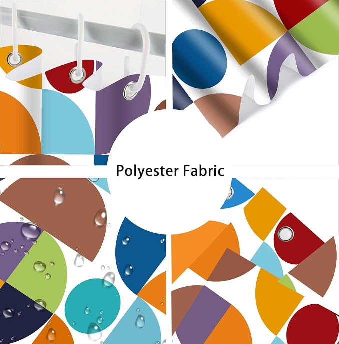 Colorful Modern Geometric Shower Curtain Vintage Mid Century Boho Abstract Art Bathroom Curtain Decor 72x72 Inch Washable Fabric Retro Bright Cute Circle Patterned Bath Curtain with 12 Hooks