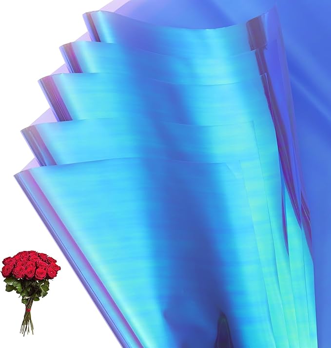 PATIKIL 22.8 x 22.8 Inch Flower Wrapping Paper, 20 Pcs Iridescent Double Sided Plastic Bouquet Packaging Waterproof Florist Supplies DIY Crafts Gift Packaging Gift Box Wedding, Light Blue