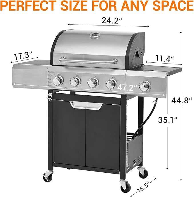 EUHOME Upgraded 51,000 BTU Stainless Steel Burner Barbecue Grill, 4 Burner BBQ Propane Gas Grill with Side Burner, 452 sq.in Cooking Area with Porcelain for Patio, Camping, Outdoor Cooking