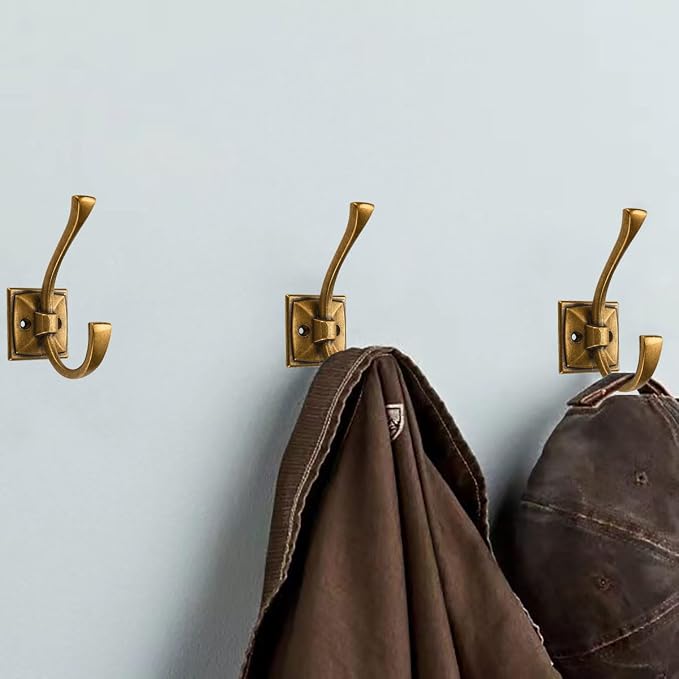 10 Pack Decorative Heavy Duty Towel Hooks for Hanging Robe Double Vintage Antique Brass Coat Hooks Wall Mounted with Screws for Key, Towel, Bags, Cup, Hat