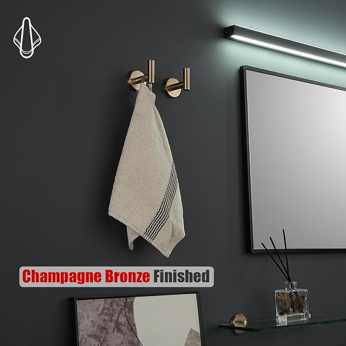 JQK Bathroom Towel Hook Champagne Bronze, Coat Robe Clothes Hook for Bathroom Wall Mounted (Pack of 2), SUS 304 Stainless Steel 0.8mm, TH100-CB-P2