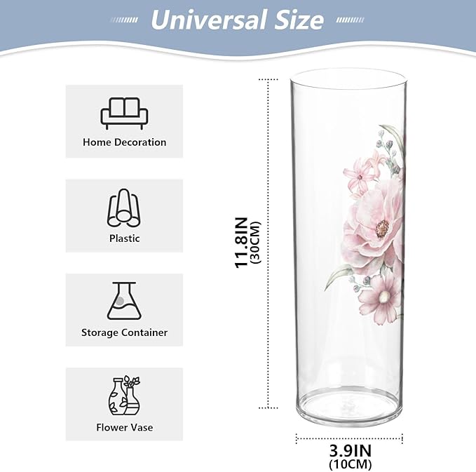 Vase Plastic Vase Elegant Cylinder Flower Vase Shatterproof Decorative Centerpiece for Home Table Office Weddings Events (11.8 x 3.9 in)