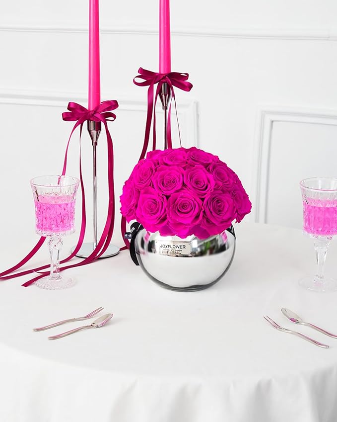 JoyFlower Preserved Flowers Vase Glass Decor, Eternal Flower Vases for Centerpieces, Forever Flower Decorations for Party Home Wedding Table Living Room Bedroom, Preserved Roses Glass Vase House Decor