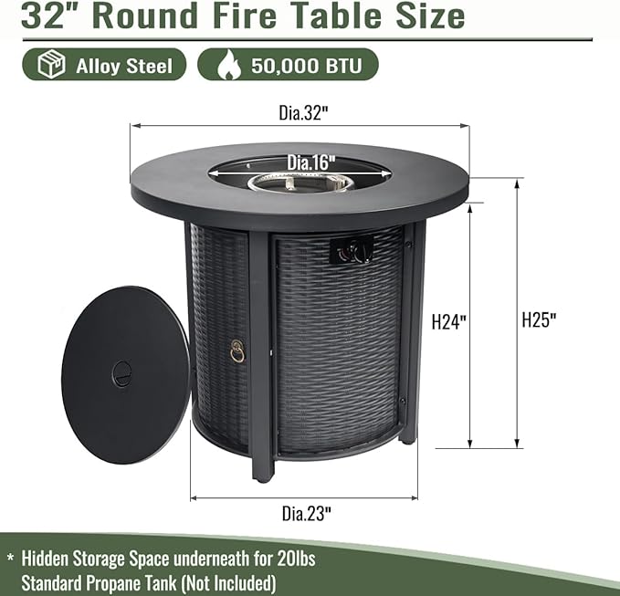 32" Propane Gas Fire Pit Table, 50000 BTU Round Steel Fire Pit with Lid & Glass 2 in 1 Fire Pit Table Rock for Outside Patio Deck Garden Courtyard