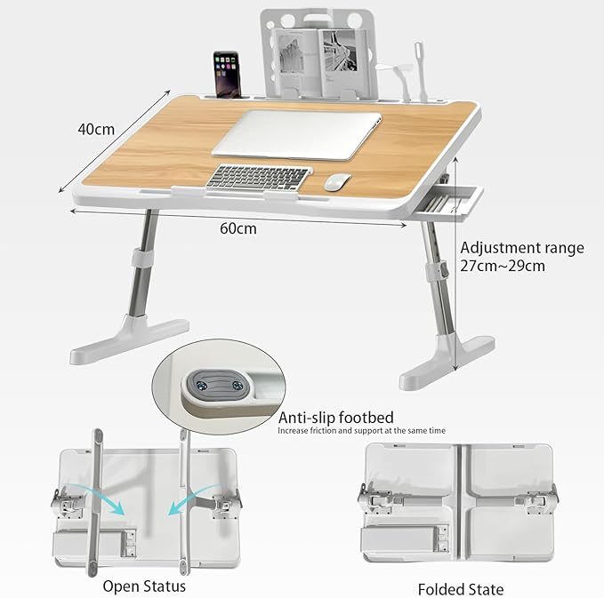 Laptop Desk for Bed, Adjustable Beds Table with USB Charge Port, Foldable Laptop Table with Storage Drawer, Portable Laptop Bed Desk Tray for Eating Working Writing Reading (Yellow)