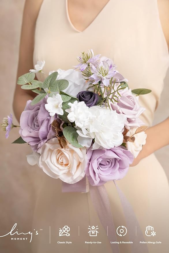 Ling's moment Lilac & Gold Bridesmaid Bouquet, Purple White Wedding Bouquets for Bridesmaids, 7 Inch Bridal Bouquets for Bridesmaids, Wedding, Ceremony, Anniversary, etc.