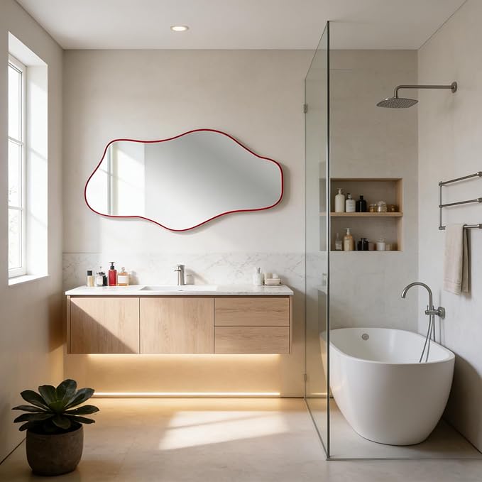 Large Irregular Mirror, 54.5"x24" Red Asymmetrical Tempered Glass Mirror, Modern Organic Shape Frameless Mirrors for Entryway Hallway Bedroom Living Room, Horizontal or Vertical Hanging