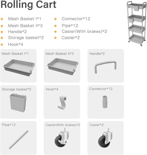 Rebecat 4-Tier Rolling Utility Cart - Multifunctional Storage Organizer for Kitchen, Bathroom, Office | Gray